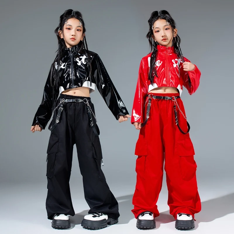 الفتيات الهيب هوب ملابس رقص الأطفال الشارع الحديثة ملابس الرقص طفل الجاز Kpop مرحلة الملابس سترة حمراء السراويل البضائع السوداء VDL2169