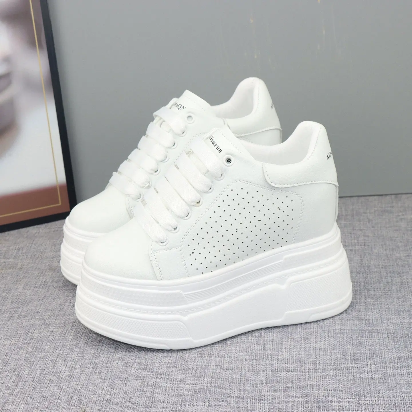 12CM Hidden Heel Casual White Sneakers Women Hollow Breathable 10CM Thick Platform Anti-slip Slimming All-match Daily Shoes