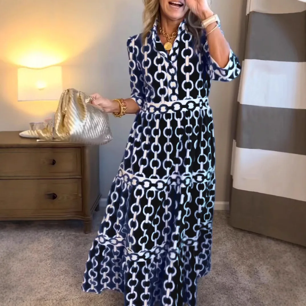 กระโปรงยาวพิมพ์ลายเรขาคณิตสไตล์เรโทรปี 2025 สำหรับผู้หญิง แฟชั่นใหม่ฤดูใบไม้ผลิและฤดูใบไม้ร่วง เสื้อแขนยาวทรงหลวม สไตล์ลำลองสำหรับเดินทาง
