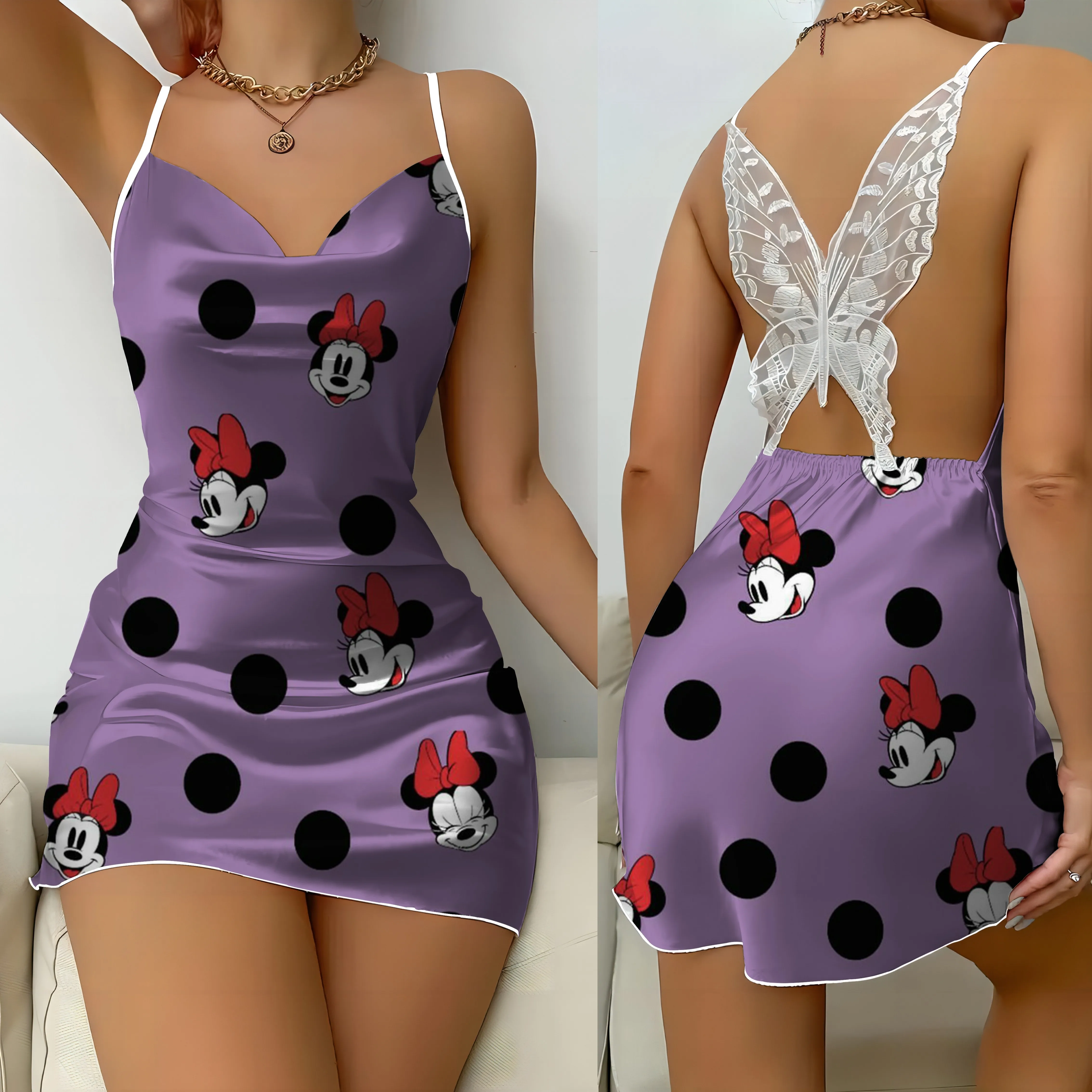 Bow Knot Disney Minnie Mouse Backless Dress Sexy Dresses Pajama Skirt Satin Surface Mickey Womens Fashion Summer 2024 Party Mini