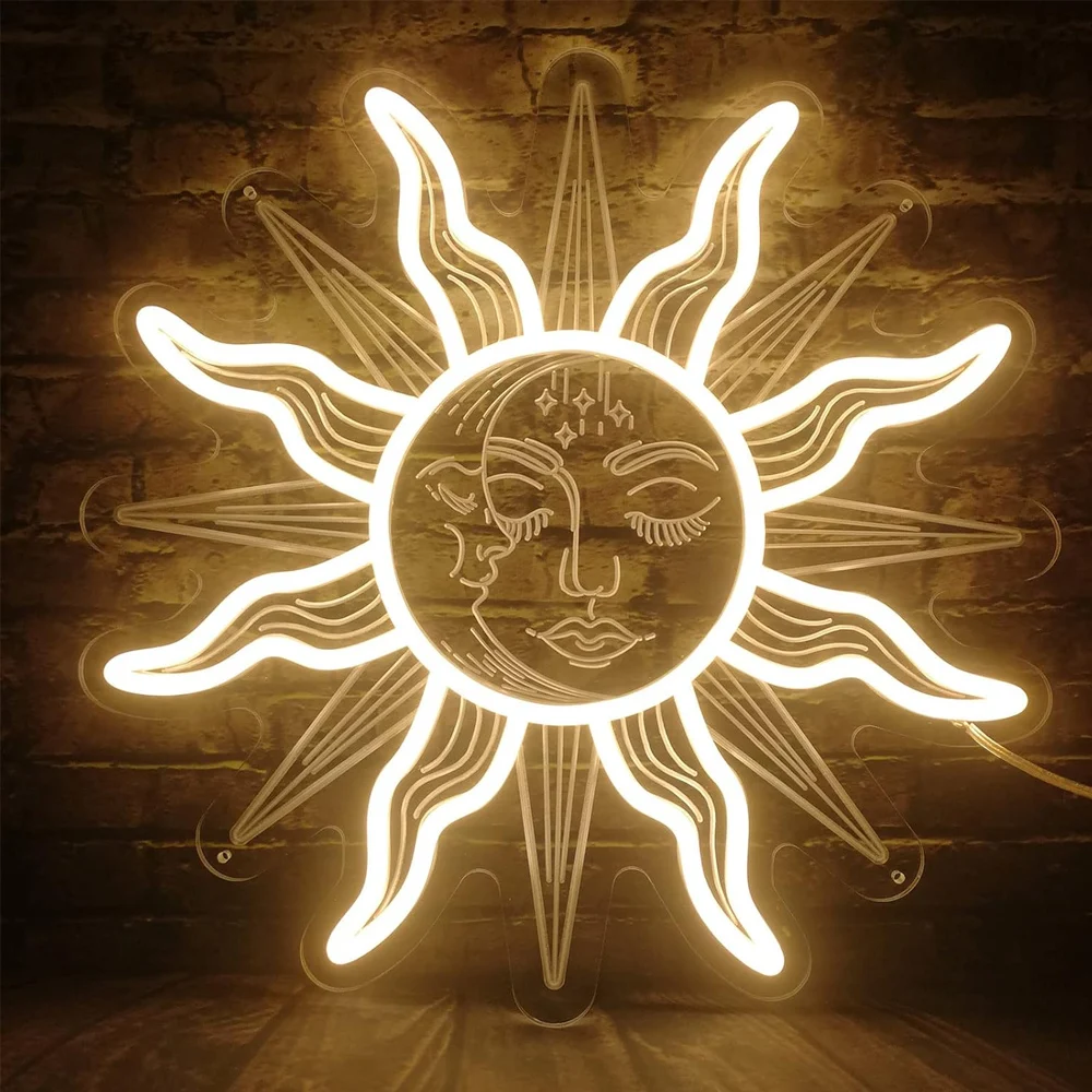 

Vintage Burning Sun Neon Sign Light - 3D Boho Aesthetic Room Decor Celestial Mystic Sun LED Sign Light w/Closed Eyes Psychedelic