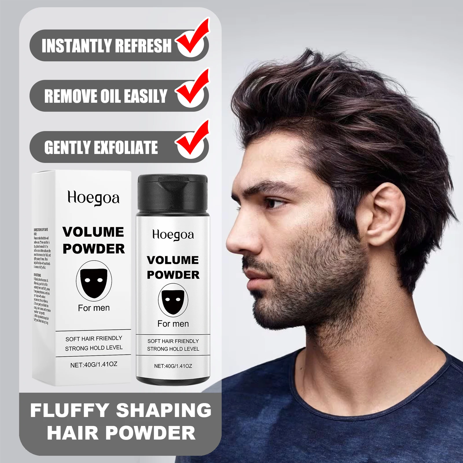 HOEGOA Flauschiges, formendes Haarpulver für Männer, erfrischt sofort, langanhaltende Ölkontrolle, sorgt für flauschiges Gefühl, peelt die Kopfhaut sanft