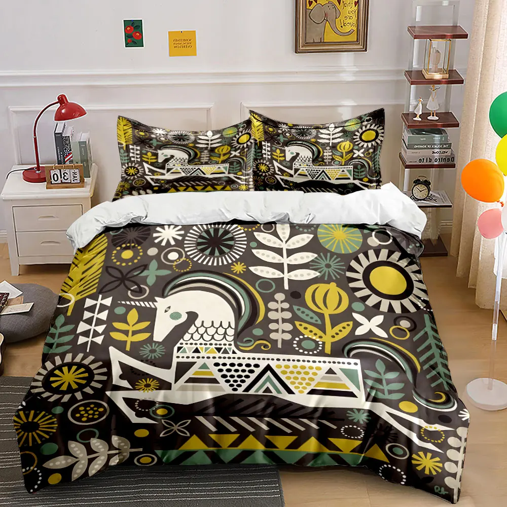 Geometric unicorn and plant Pattern Duvet Cover Set Digital Print Colorful Polyester Bedding with Zipper Closur for kids gifts