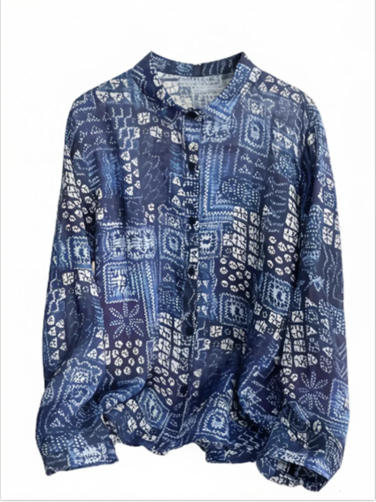 

Spring Autumn New Artistic Printed Cotton Hemp Long Sleeve Shirt Women Japanese Korean Flip Collar Thin Loose Casual Top S503