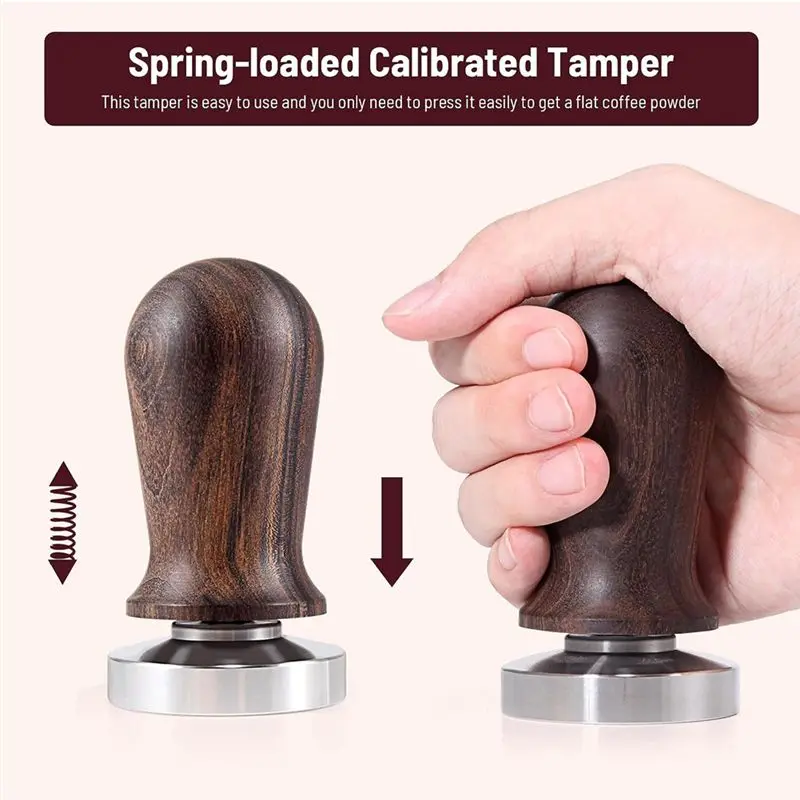 A40Z-51Mm Espresso Coffee Tamper&Stirrer Set-Wooden-Handle Spring-Loaded Calibrated Tamper With Premium Stainless Steel Base