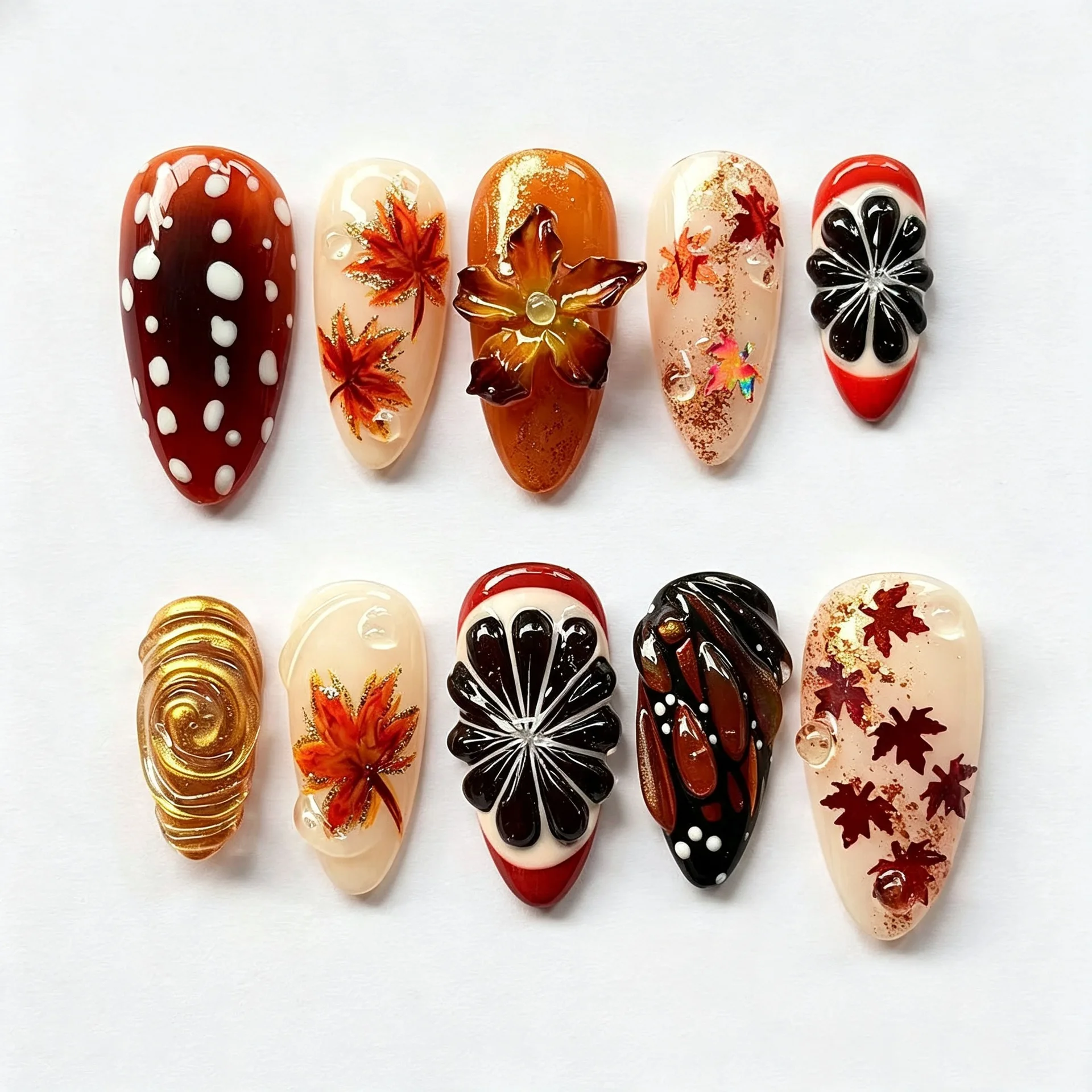 24Pcs Autumn Fashion Brown Nails Press on Gilded Leaves Almond False Nails Sets Polka Dot Full Cover Glitter Finished Fake Nail