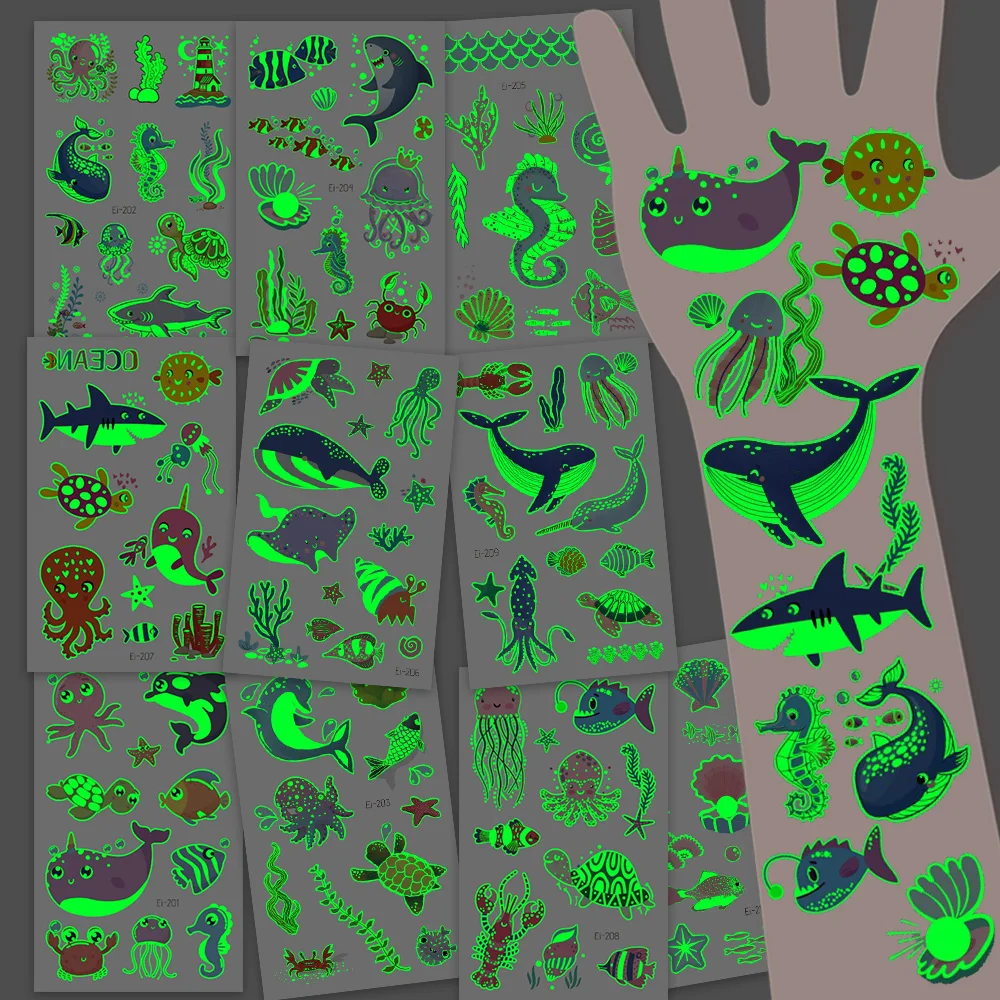 12 Sheets Luminous Ocean Sea Animals Temporary Tattoos, Ocean Worlds Seaside Beach Birthday Party Supplies, Christmas Eve Gifts