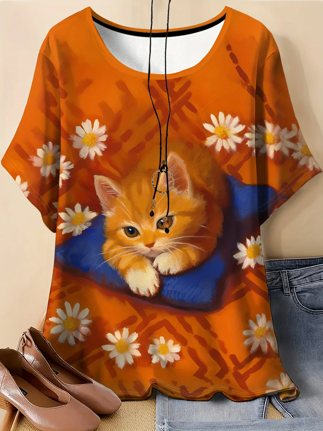 Women Crew Neck Short Sleeve T-shirt Orange Background Cute Orange Kitten Daisy Print Casual Soft Daily Summer Top