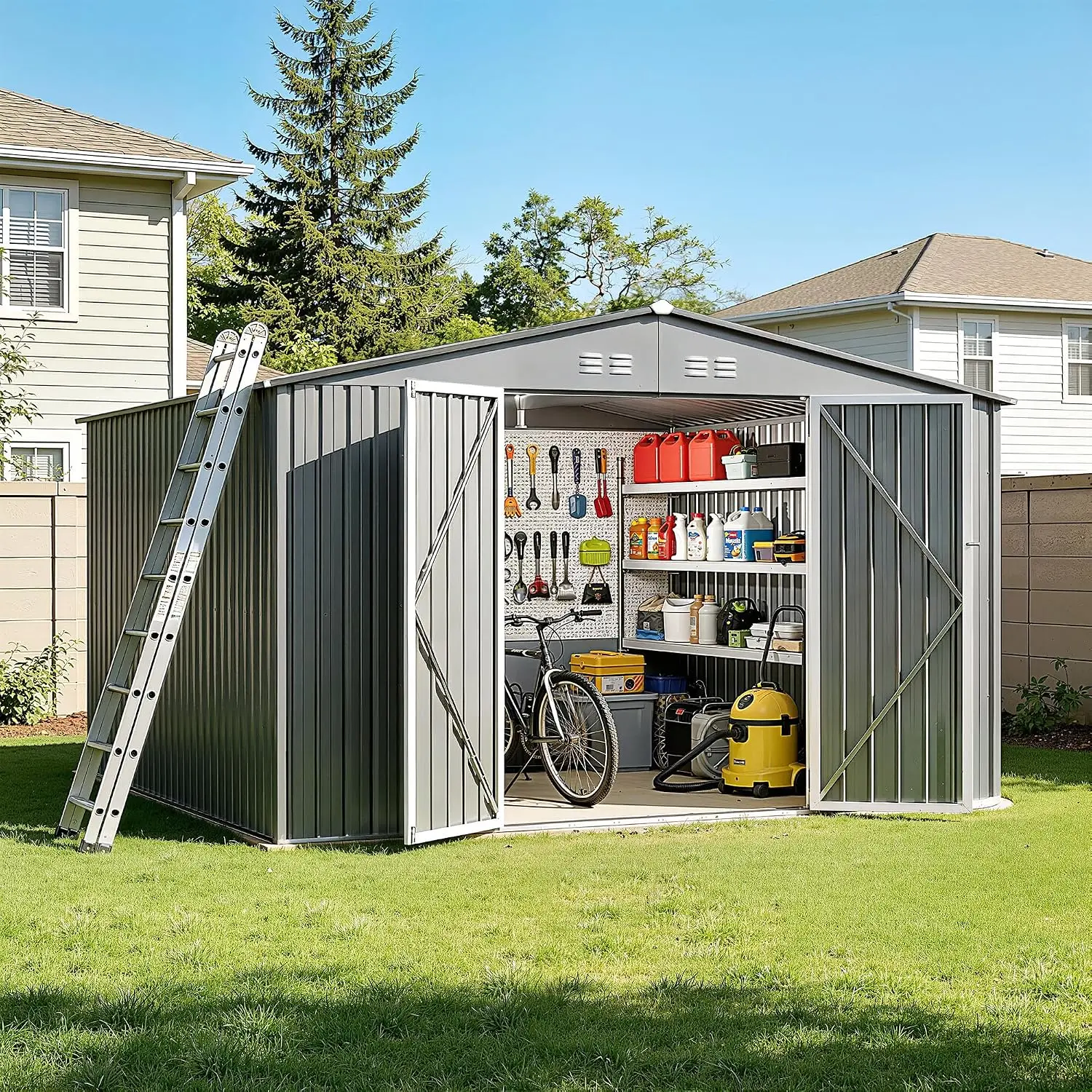 10 x 12FT Sheds & Outdoor Storage, Grey Metal Waterproof Storage Shed with Door and Lock Outdoor Shed,All-Weather, Custom
