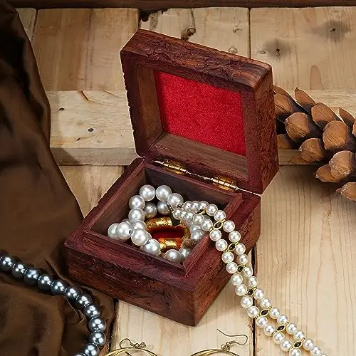 Elegant Hand-Carved Wooden Jewelry Box With Red Velvet Lining – Decorative Trinket Storage And Gift For Adults