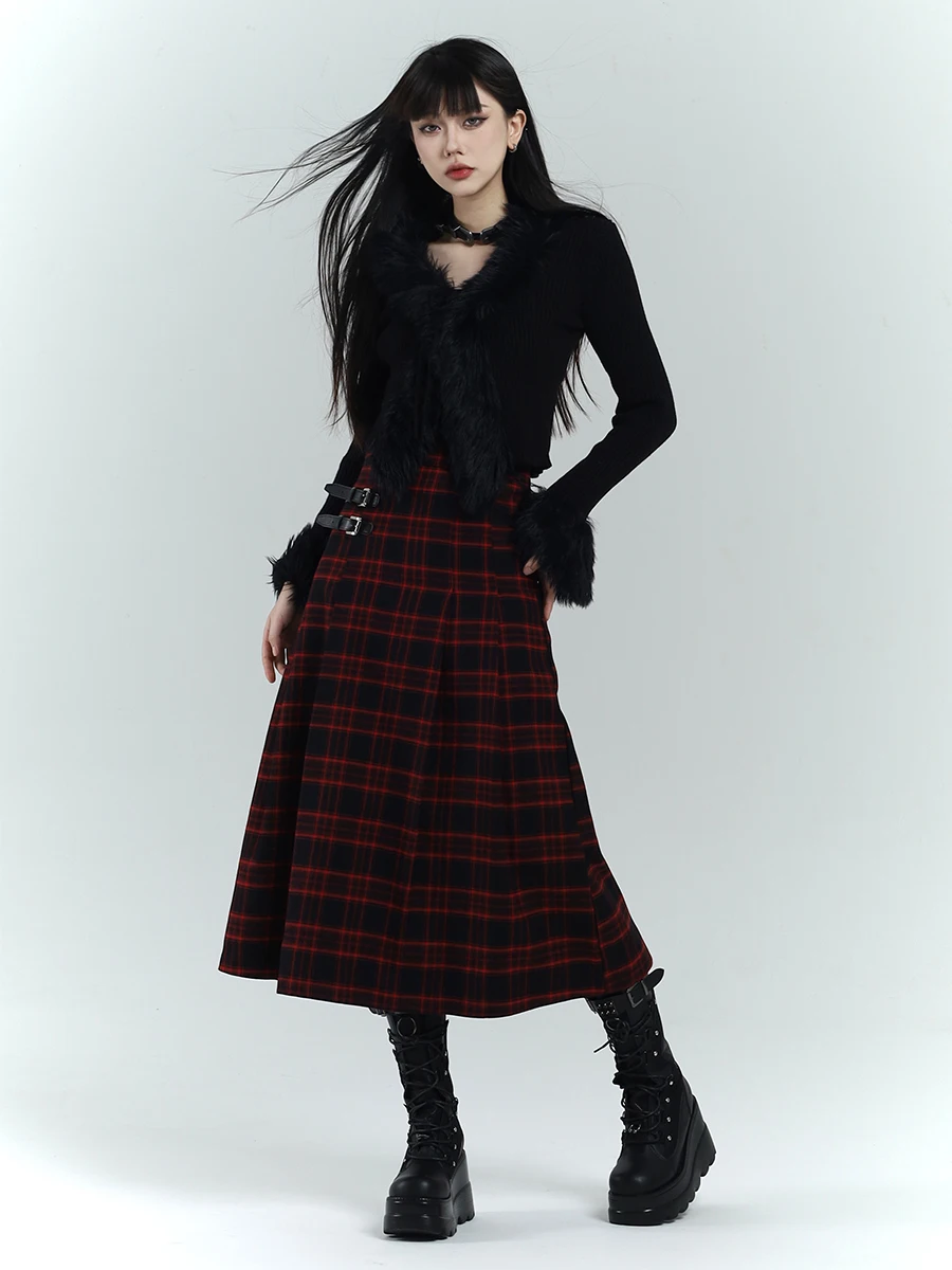 Ghost Girl Original High Waist A-Line  Skirt Retro Subculture Matching Bla And Red Plaid Long Skirts for Spring Autumn