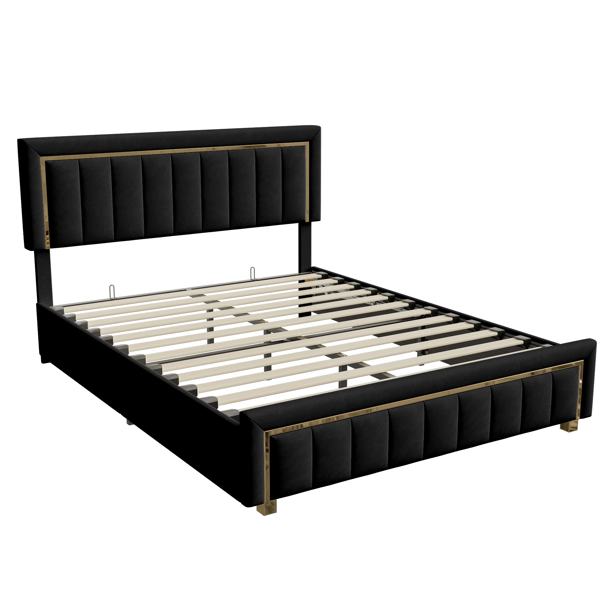 Comanlai Tweepersoonsbedframe, zwart fluwelen gestoffeerd bed, bed met verticale vergulde rand, opbergruimte onder het bed, 140/160x200cm - afbeelding 2