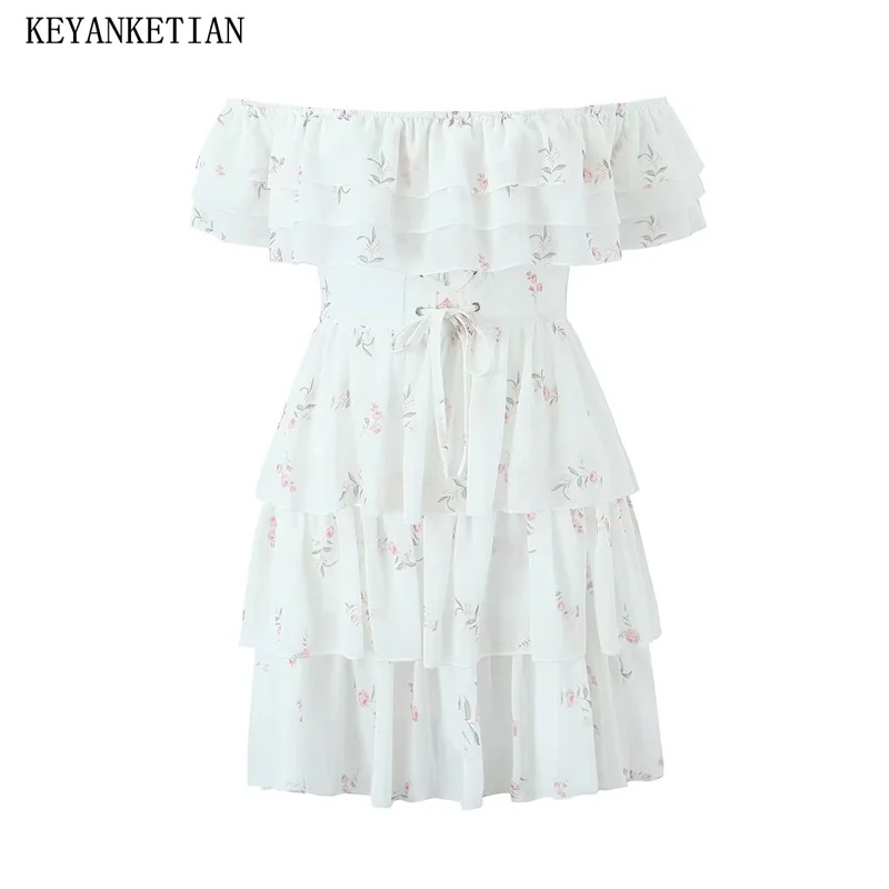 

KEYANKETIAN 2024 New Launch Holiday wind Tiered Ruffles Slash neck Flower Print Dress Cross Lace Up Decoration Sweet Mini Dress