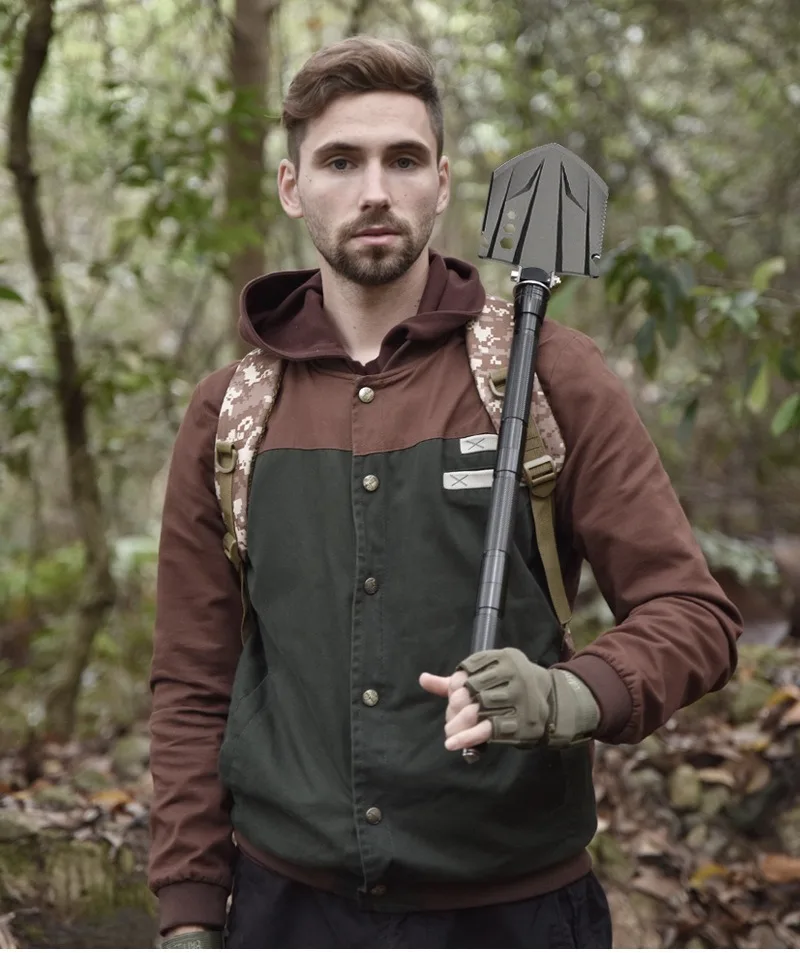 Outdoor-Campingschaufel mit Multifunktions-Überlebenswerkzeug, Kompass, Klappspaten aus Aluminiumlegierung, Messer, Schneeschaufel, Schultergurt – Detail 11