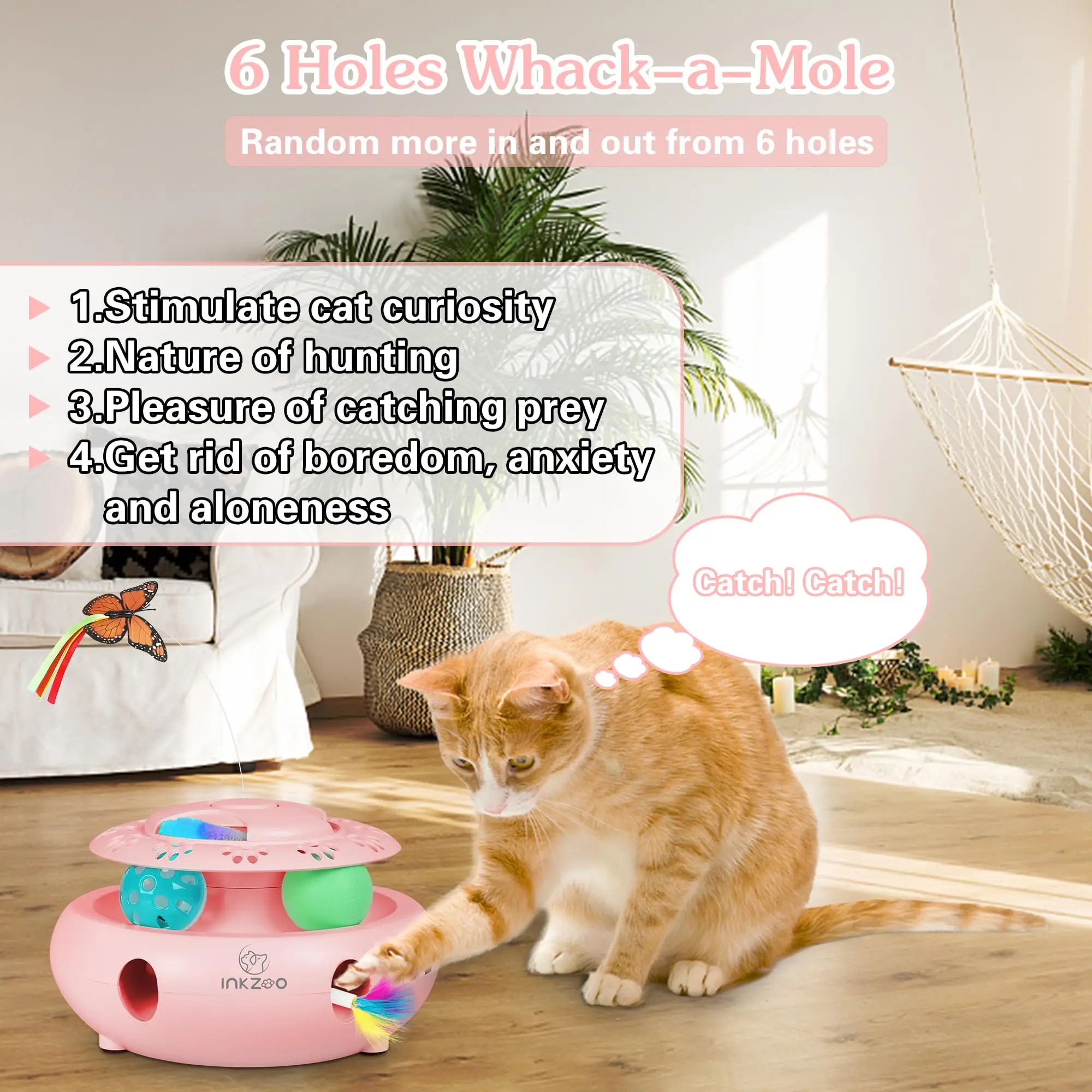 INKZOO 4-in-1 Interactive Cat Toys for Indoor Cats, Automatic 6 Holes Mice Whack-A-Mole, Fluttering Butterfly, Track Balls, USB