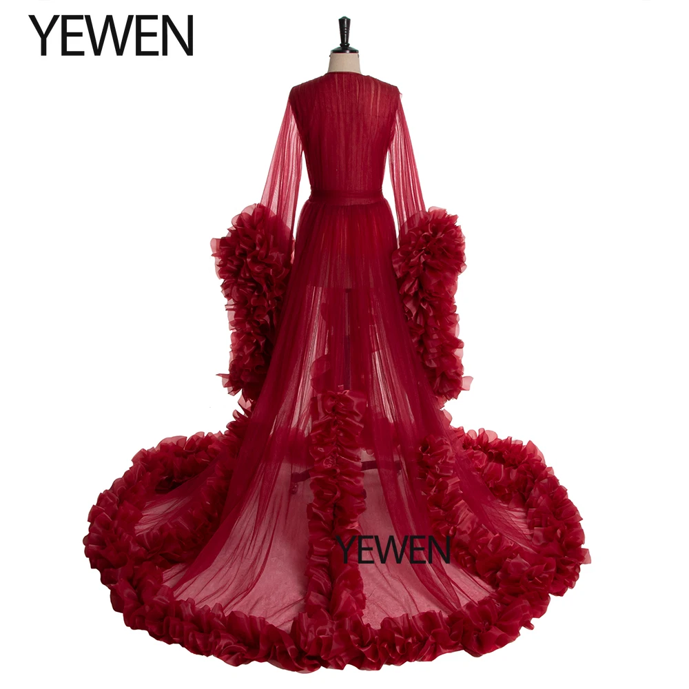 Striking Red V Neck Ruched Organza Long Sleeves Custom Color Maternity Gowns for Photo Shoot Pregnancy Shooting Dress YEWEN