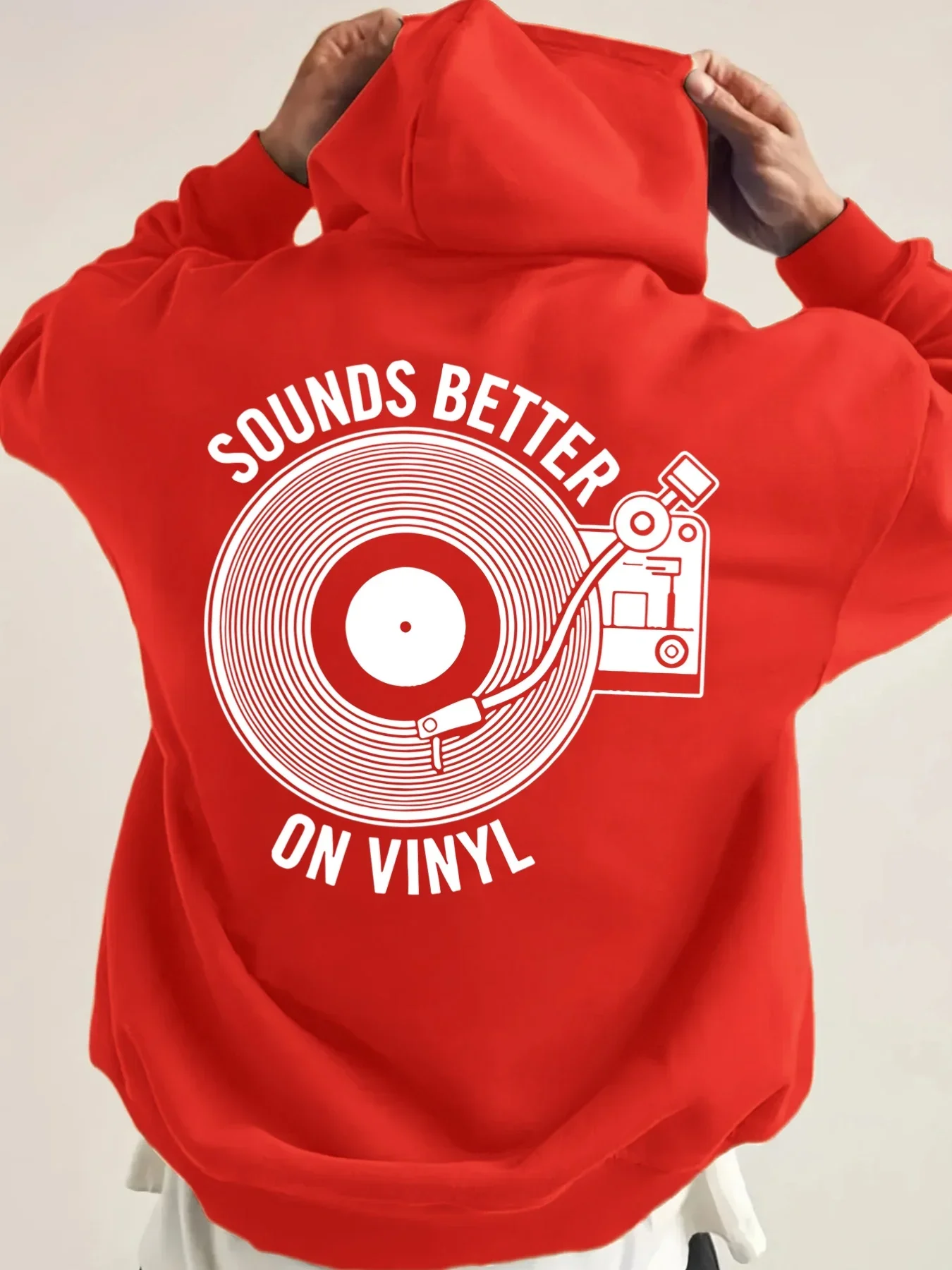 Men Oversized Hoodie Classic Vinyl Record Slogan Retro Turntable Line Drawing Back Graphic Hip Hop Sweatshirt