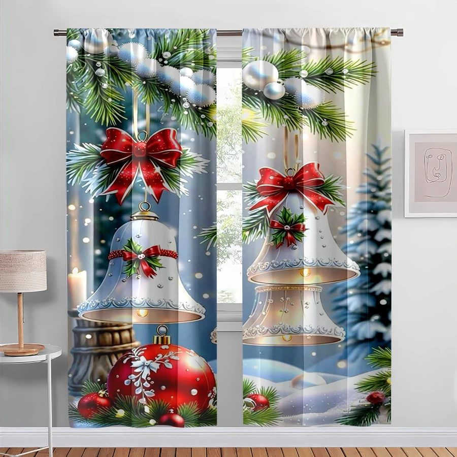 2PCS Digital Print Curtain, White Christmas Bells with Red Bows and Ornament Balls, Pine Branches Snowy Scene, for Bedroom Decor