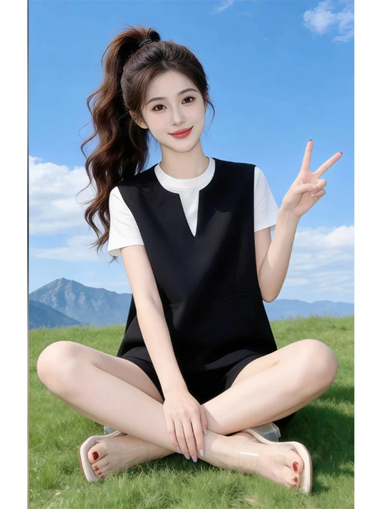 

Summer New Women's Pure Color Vest T-Shirt Set Simple Elegance Two-Piece Suit Casual Style High Waist Shorts Breathable Fabric
