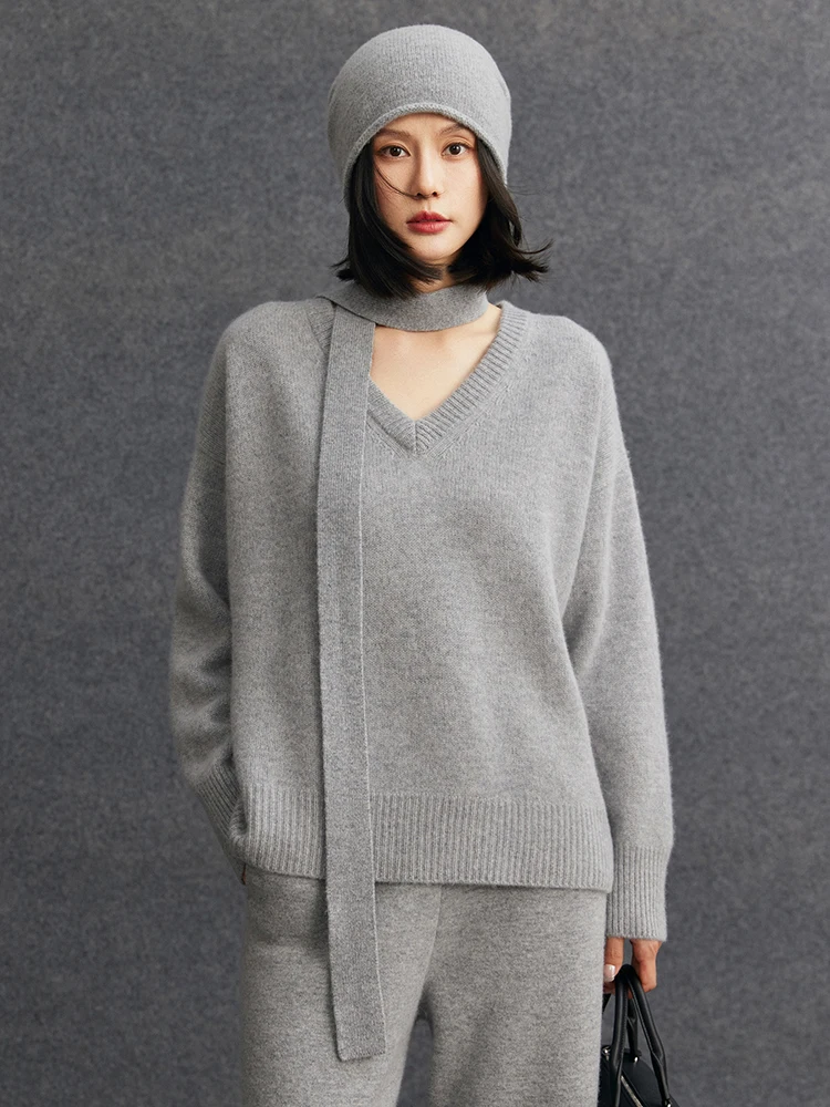 

TLOML Chic Women's 100% Cashmere Sweater V-neck Pullover Simple Loose Style Autumn Winter Soft Warm Comfy Cashmere knitwear Tops