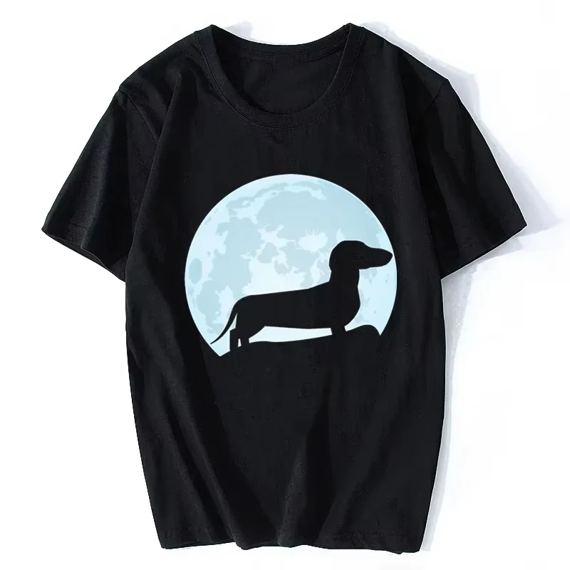 

Moon Sausage Dog Couple T-shirt Men's and Women's Wiener Dog Round Neck Short Sleeve T-shirt Street Clothing Pattern T-shirt