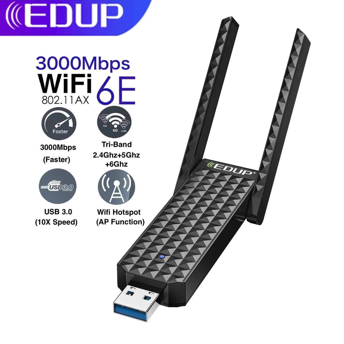 EDUP  3000Mbps Dual Band External USB Wireless Card Desktop Computer Host WIFI 6E Receiver Notebook 2G 4G 5G 6G High Speed