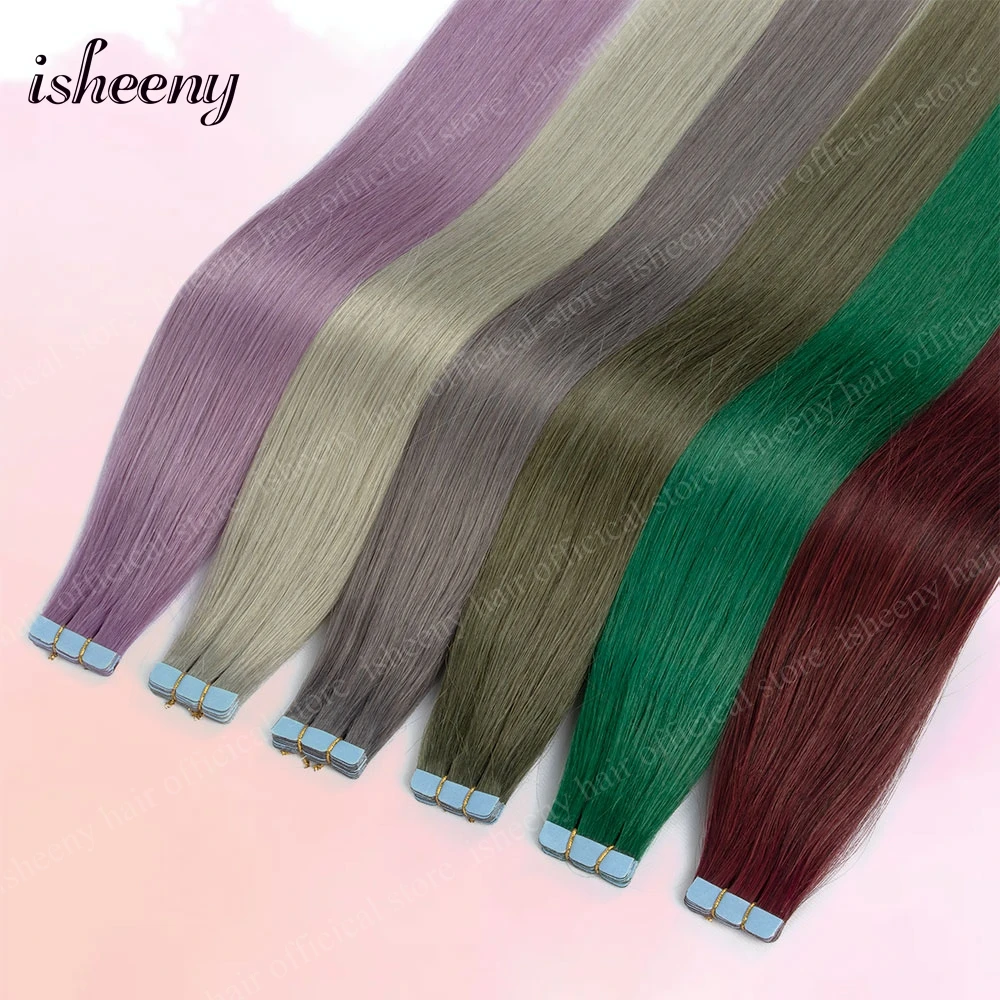 Isheeny 12 "16" 20 "Cinta en extensiones de cabello Cinta adhesiva invisible en la extensión del cabello 10 unids/pack Rosa Púrpura Azul Cabello colorido