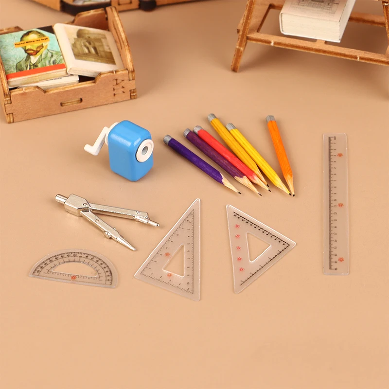 1:12 Dollhouse Simulation Mini Pencil Sharpener Pencil Compass Ruler Dollhouse Study Room Stationery Learning Scene Decoration