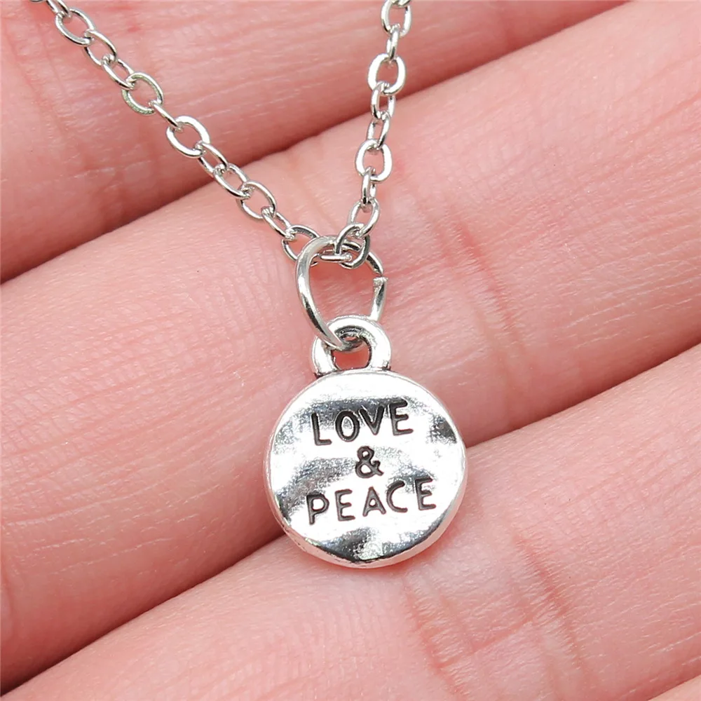 Drop Shipping Antique Silver Color 10x10mm Love & Peace Necklaces Short Chain Choker Necklaces