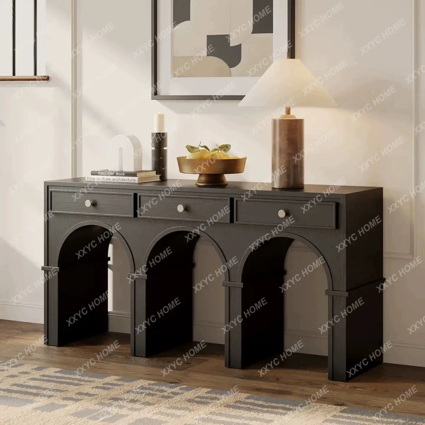 Mid-Century Solid Wood Entrance Cabinet, Living Room, Wall Arch Decorative Cabinet, Wealth Gathering Entrance Table