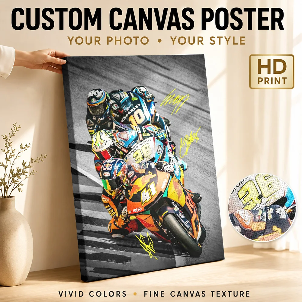 Luca Marini Brad Binder And Joan Mir Trio Canvas Poster Bold Style Wall Decor With Customized Photo For Garage Ideal Rider Gift