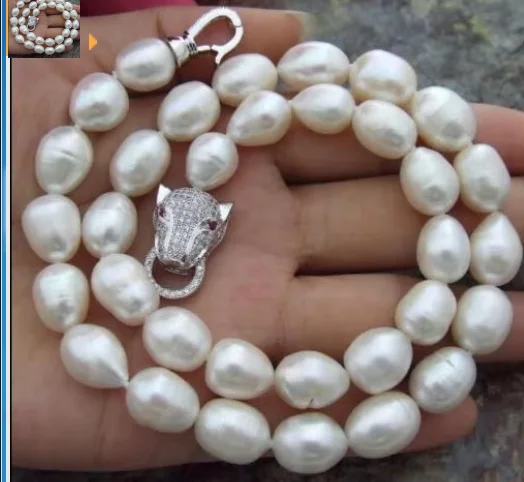 

Luxury real HUGE natural pearl AAA+ 10-12MM South Sea White Baroque Pearl Necklace longer 18-22 inch Leopard Clasp