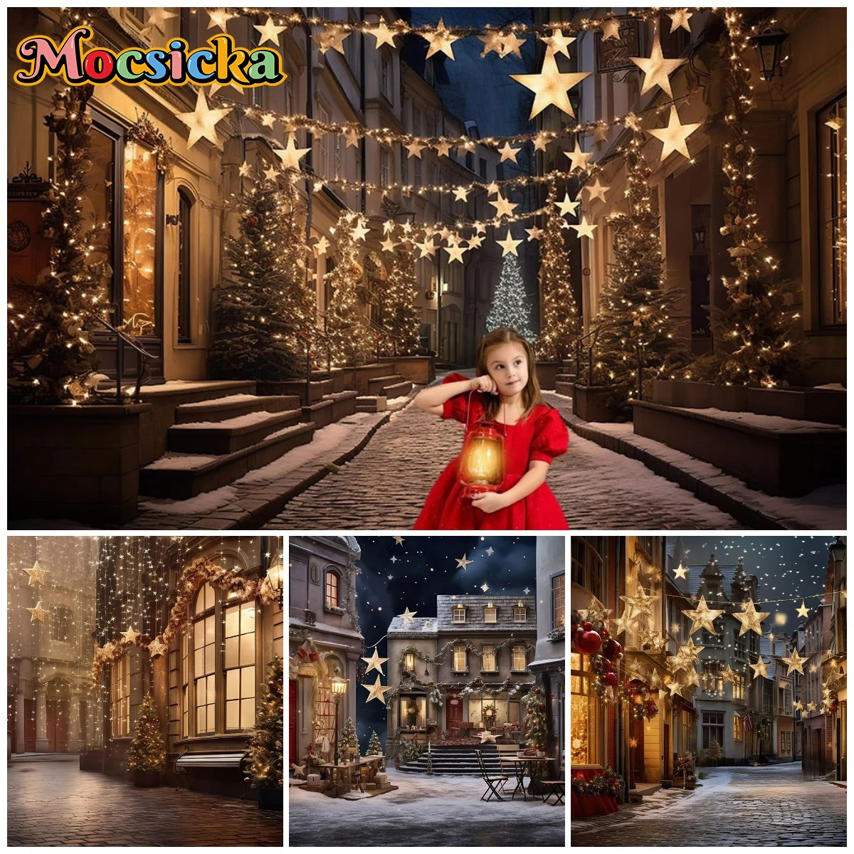 

Christmas Photography Background Decor Xmas Tree Glitter Light Outside Street Family Portraits Custom Backdrop Studio Props