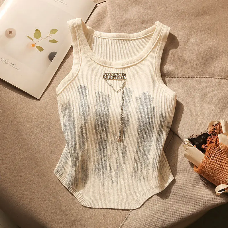 Women's Summer Casual O-neck Short Style Slim Asymmetrical Tank Top Fashion Chic Printed Sleeveless Knitted Vest