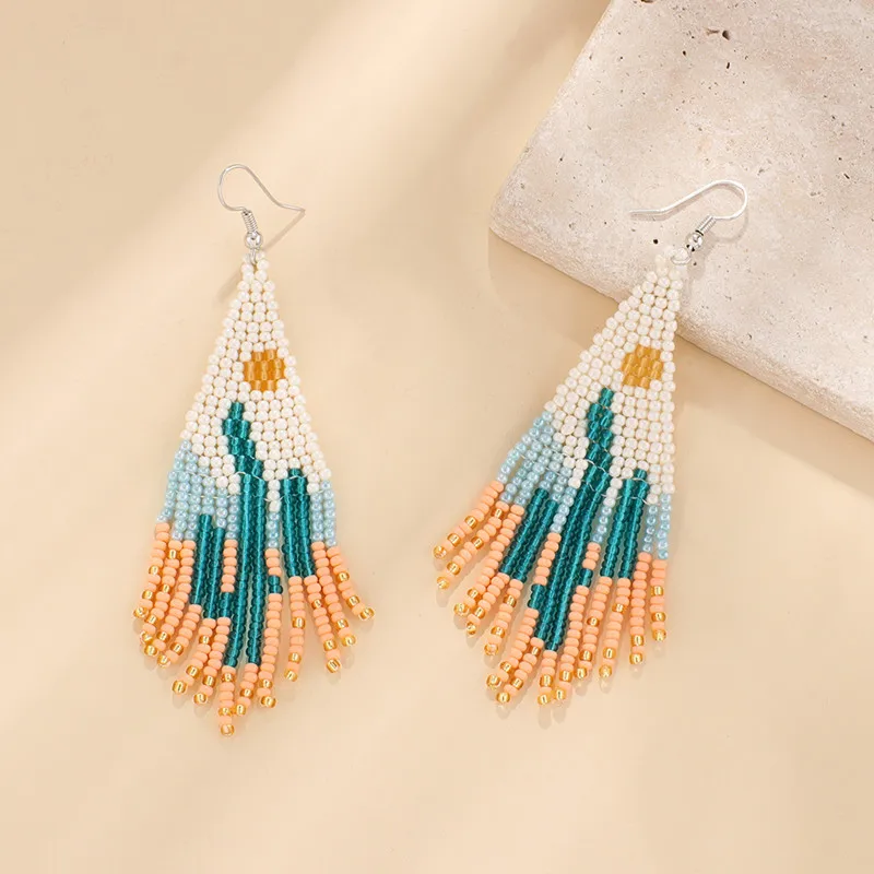 Rice Bead Earrings  Hand Beaded  weave  cactus  new pattern  fashion  Bohemia  geometry  alloy  ma'am  Tassel Earrings image 3