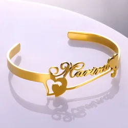 Custom Love Heart Name Bracelets Women Adjustable Opening Personalized Letter Nameplate Bangle Stainless Steel Wrist Accessories