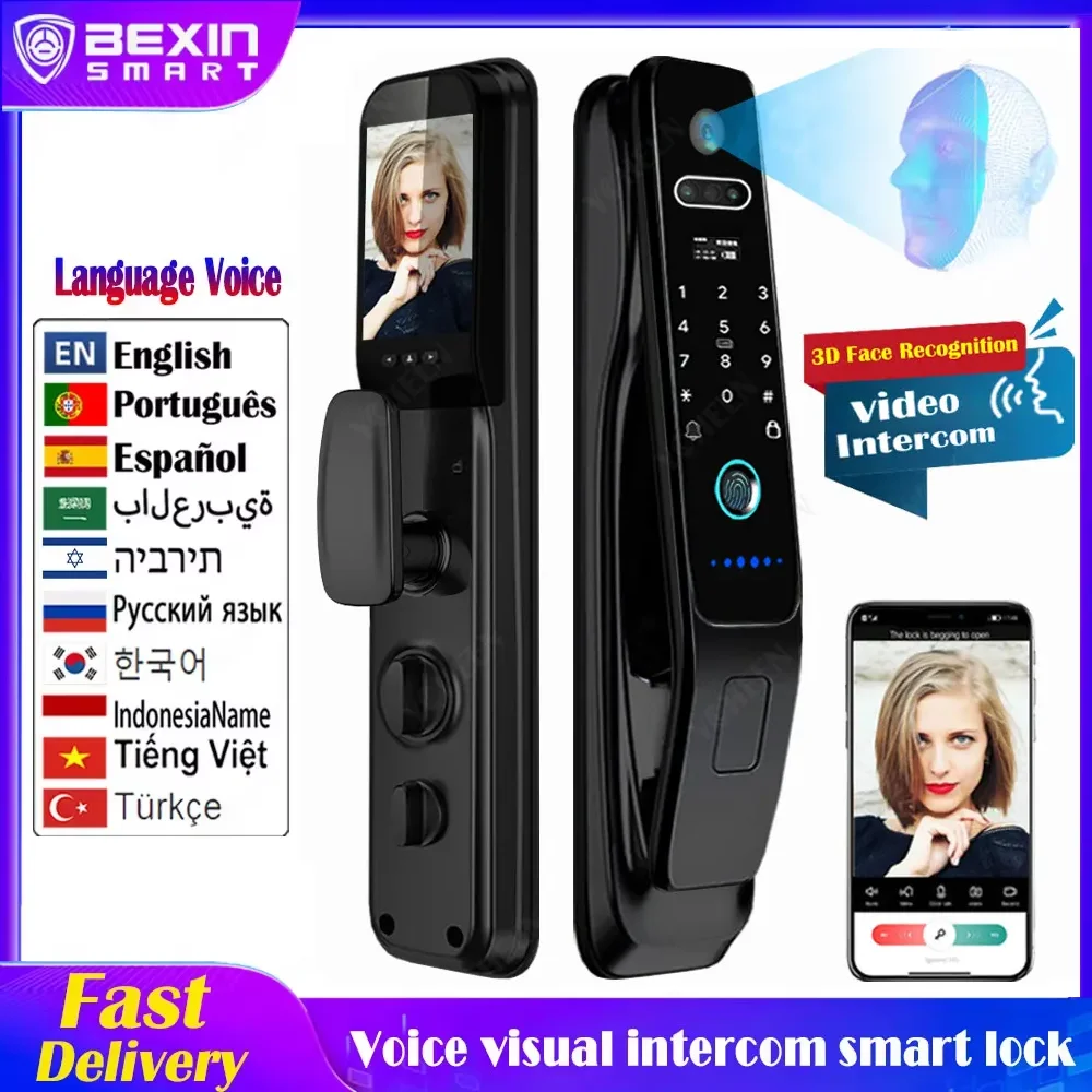 Full Automatic fechaduras inteligentes, 3D Reconhecimento Facial, Smart Door Lock, Senha de impressão digital, impermeável ao ar livre, Tuya App, 6068