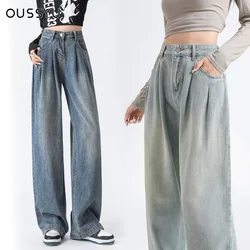 Autumn Woman Jeans High Waist Wide Leg Cotton Denim Clothing Straight Pant Fashion Comfort Retro Blue Casual Trousers