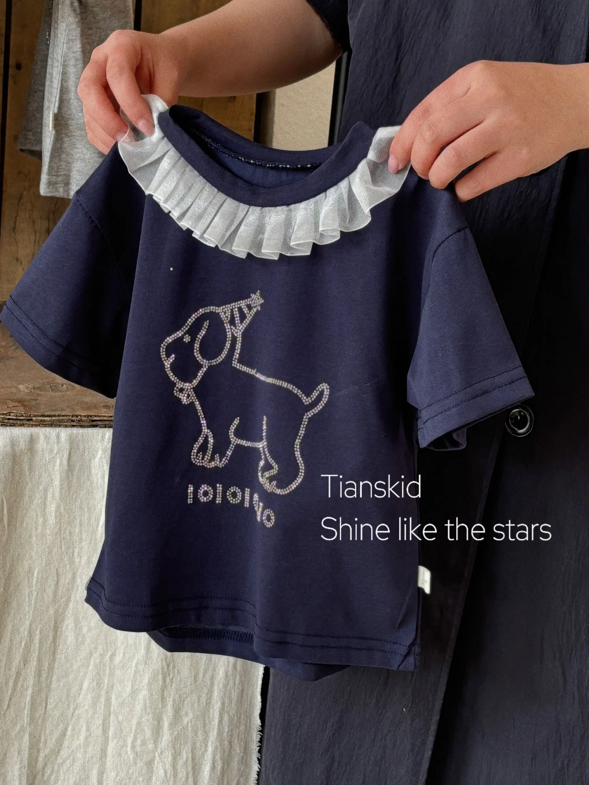 T-shirt d'été en dentelle pour filles, mignon, ort Sve, imprimé de dessin animé, rond, Ne Top, vêtements décontractés pour enfants