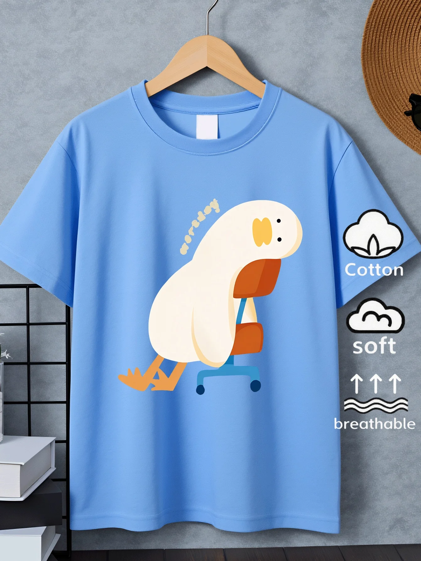 Cute Duck Office Chair Pattern Printed T-Shirt Boy Girl Short Sleeve Top Casual Round Neck Summer Parenting Clothing