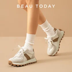 BEAUTODAY Sneakers Women Pig Suede Leather Fabric Mixed Colors Lace-Up Trainers Ladies Casual Shoes Handmade 29576