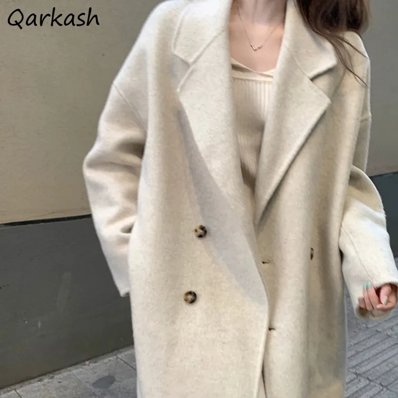 

Solid Wool Blends Coats Women Elegant Fashion Popular Ulzzang Preppy Double Breasted Loose Long Turn-down Collar Simple Causal