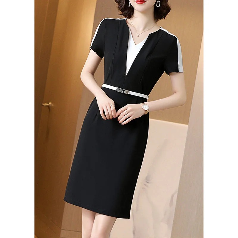 Summer Woman Casual Midi Dress V-Neck Fashion Short Sleeve Zipper Belt Pullover Contrasting Colors Female Elegant Dresses 2022