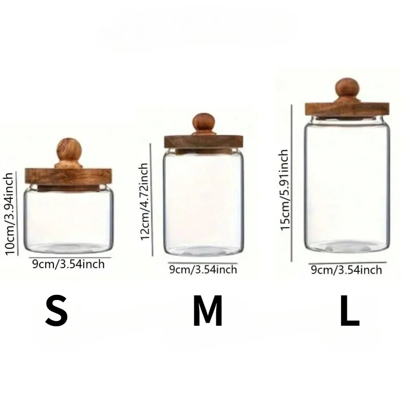 Drie maten glazen voorraadpotten S M L met afmetingen