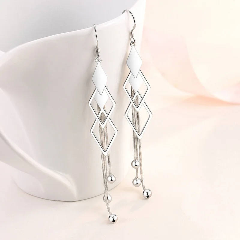 

925 Sterling Silver Geometric Long Tassel Drop Earrings For Women Wedding Jewelry