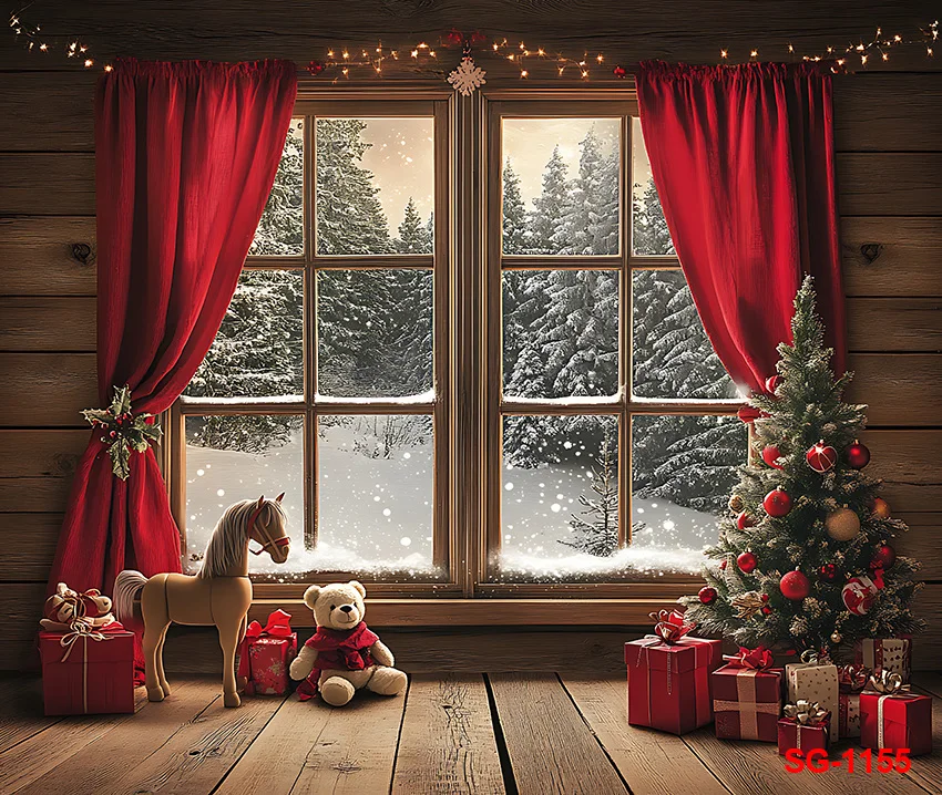 Christmas Window Photography Backdrop Warm Festive Interiors with Red Drapes and Holiday Decorations for Holiday Photo Sessions