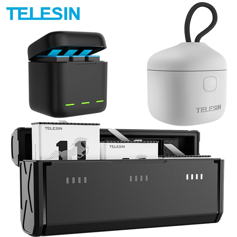 TELESIN 3 Slots Charger With LED Light TF Card Reader Storage Charging Box for GoPro Hero 12  11 10 9 Black