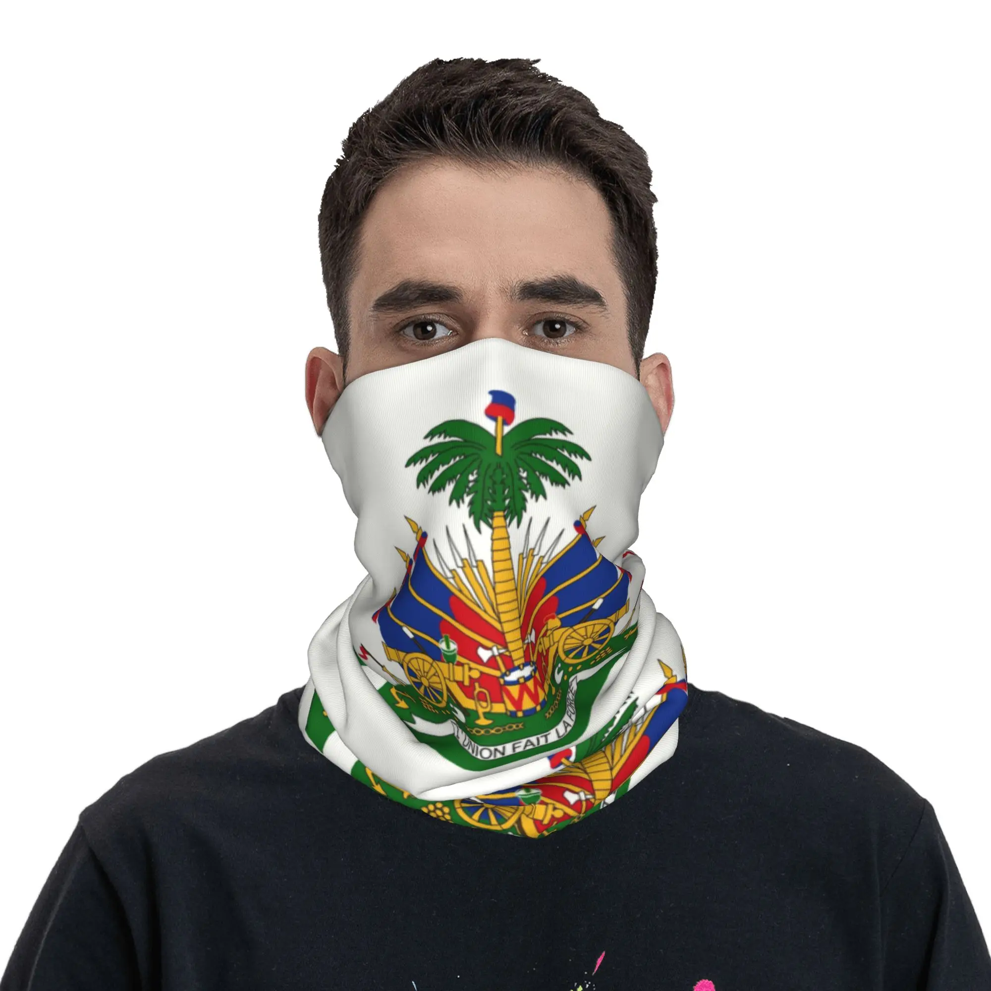 Custom Haiti Coat of Arms Neck Gaiter Women Men UV Face Shield Winter Haitian Proud Bandana Scarf for Hiking view 4