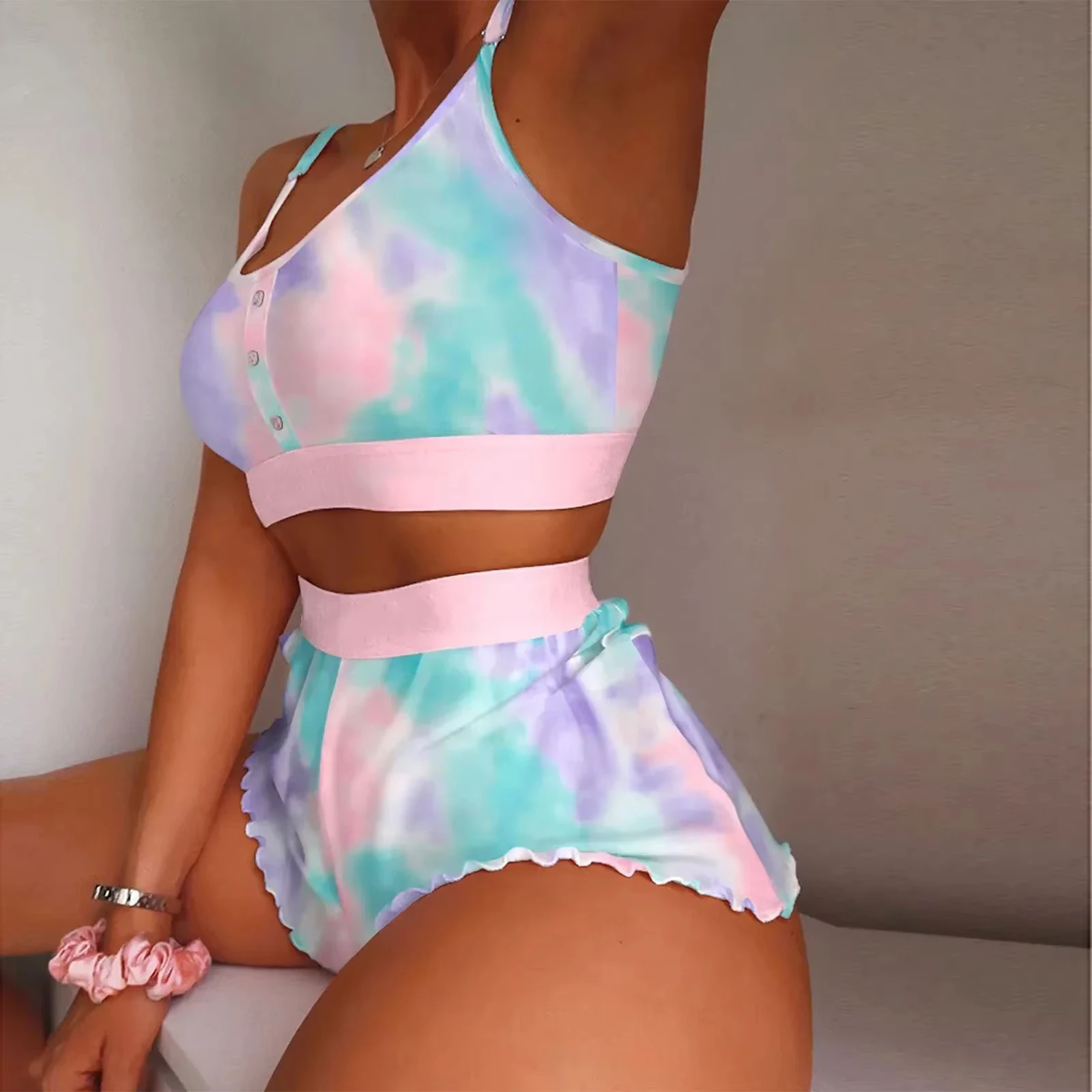 2025 nueva ropa de dormir para mujer, conjunto de pijamas suspendidos para el hogar con estampado de mariposas y labios, chaleco, sujetador, Top, ropa de dormir corta, lencería, camisón para mujer