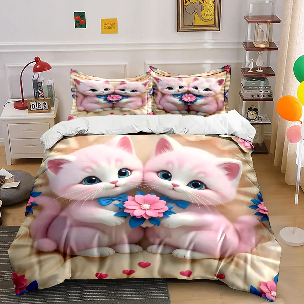 Cute pink kittens with floral decor Print Bedding Set 1 Duvet Cover 2 Pillowcases for Adult and Children Luxury Gift Full Size